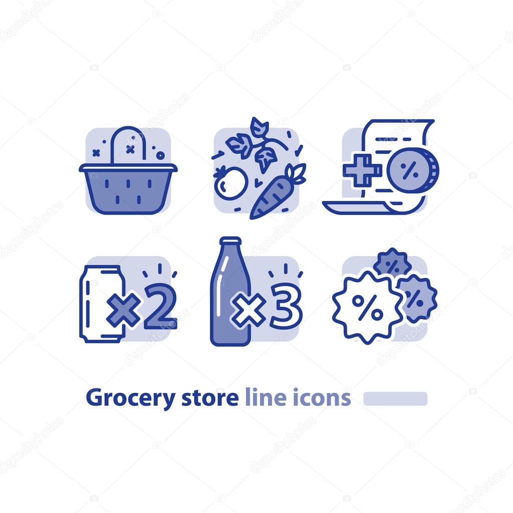 Grocery store line icons, basket and vegetables, earn reward points, loyalty program, buy two cans, three bottles offer, bonus coupon, shopping vector illustration