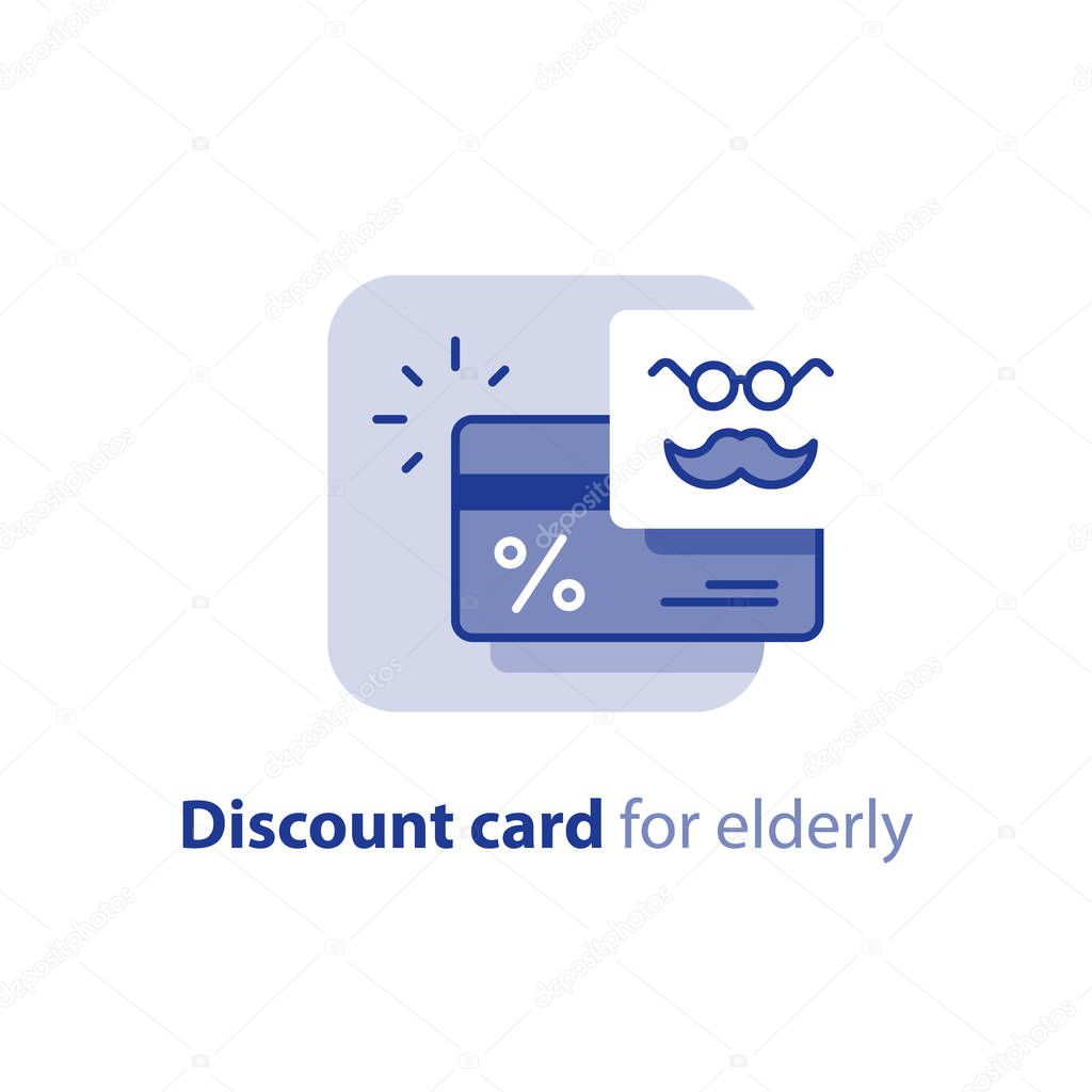 Discount card for senior people, earn points for shopping, line icon