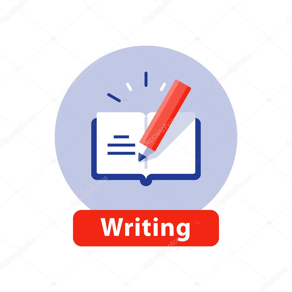 Creative writing and storytelling, education concept, opened book, school study, learning subject, book review summary, vector icon, flat illustration