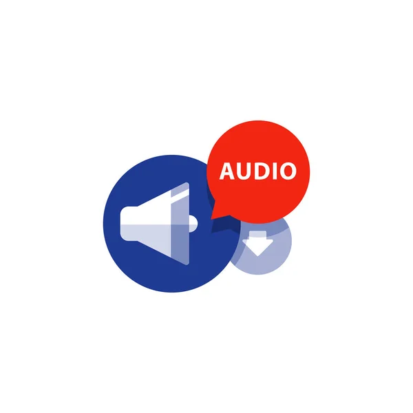 Podcasting, ακούστε επίπεδη εικονίδιο ήχου, αρχείων λήψης βέλος, μουσική έννοια — Διανυσματικό Αρχείο