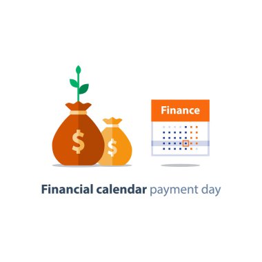Para çantaları ve takvim, finansal planlama, aylık ödeme, yıllık gelir, muhasebe, vektör simgesi