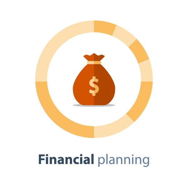 Diversification financière, plan budgétaire, diagramme circulaire, sac d'argent, compte d'épargne, icône vectorielle — Image vectorielle