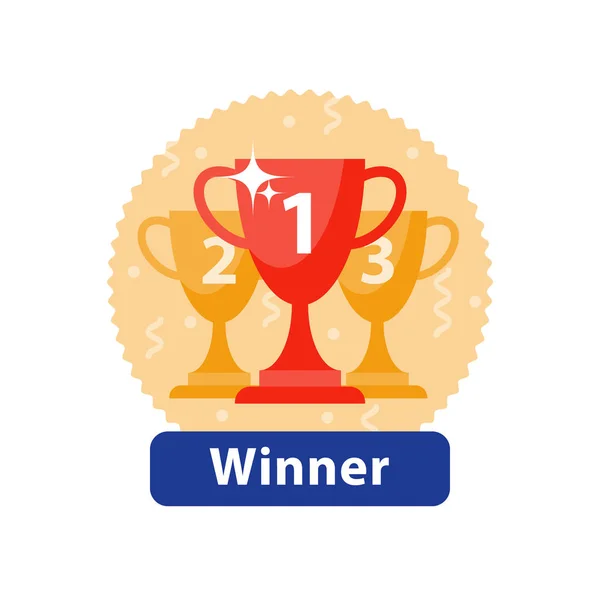 Oslavu pohár vítěze, první místo cenu ikonu, vítěz poháru, nejvyšší úspěch, konkurence odměnu, herní vítězství, vektorové ikony — Stockový vektor