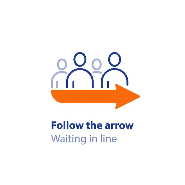 Waiting in line, standing in queue, follow the arrow sign, direction pointer, vector icon — Stock Vector