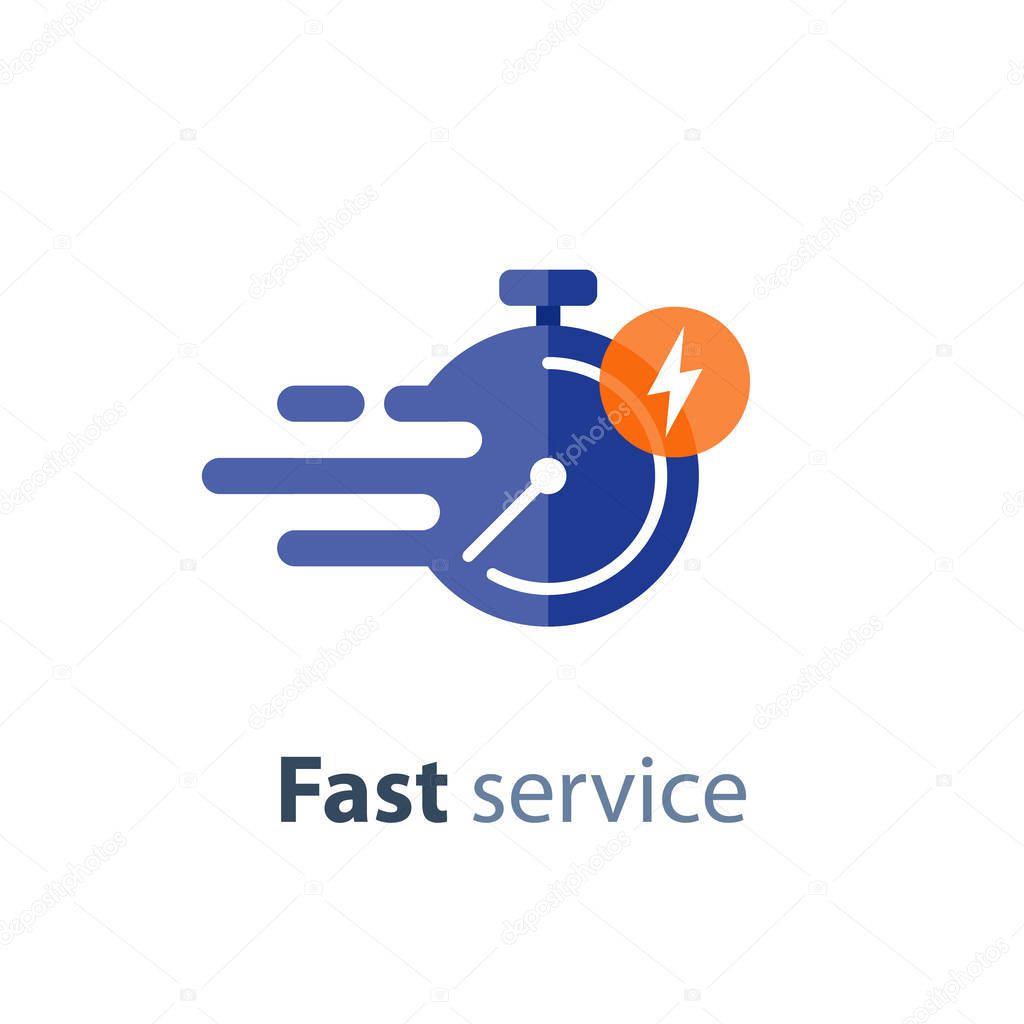 Fast time delivery icon, timely service, stopwatch in motion, deadline concept, vector flat illustration