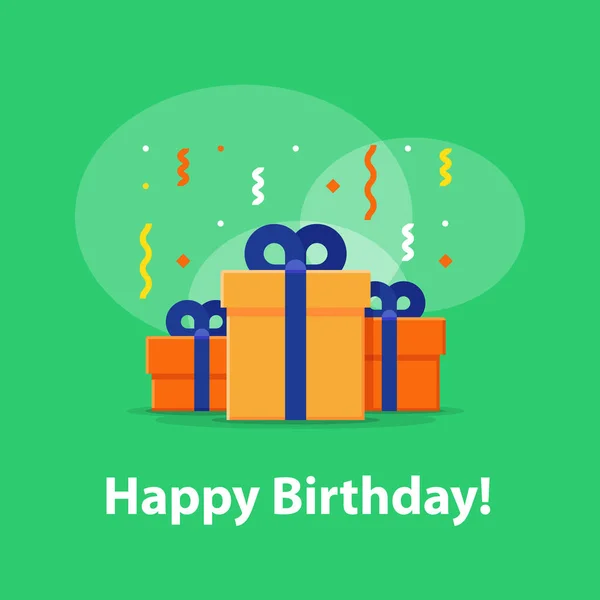 Celebración del aniversario, felicitaciones de cumpleaños feliz, grupo de tres cajas de regalo sorpresa, confeti que cae, ilustración del vector — Vector de stock