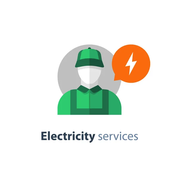 Servizi di elettricità, icona dell'elettricista, riparatore elettrico, tecnico, ingegnere di manutenzione — Vettoriale Stock