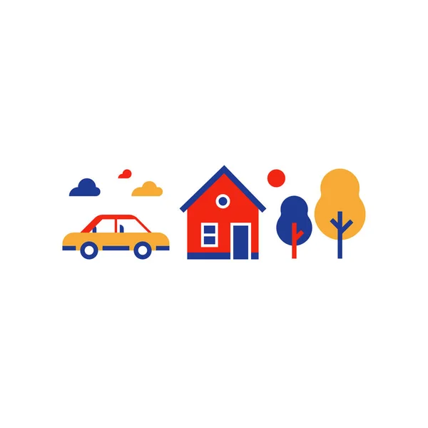 Заміський будинок з машиною, літній будинок, сільська сторона, нерухомість, векторний значок — стоковий вектор