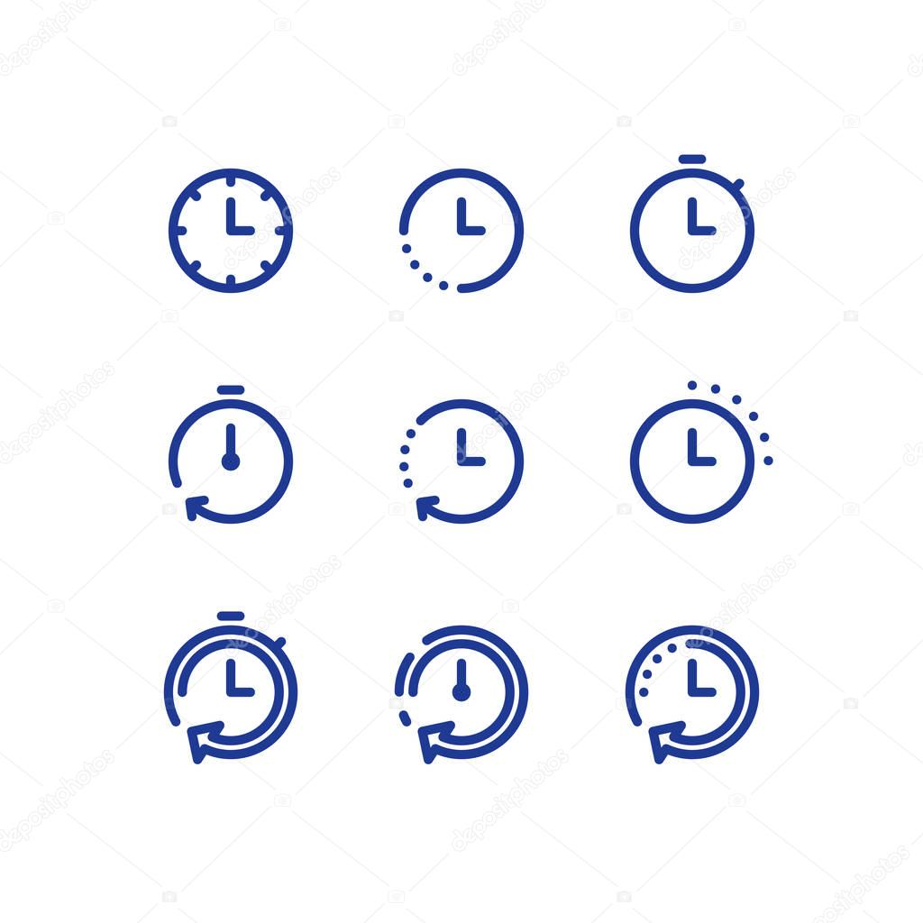 Fast time logo, stop watch symbol,  time period concept, working hours,  quick timely delivery, express and urgent services, deadline and delay, vector line icon set
