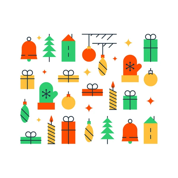 Feliz año nuevo elemento de decoración, vacaciones de invierno fondo, adorno de Navidad, patrón festivo, vector de iconos planos — Vector de stock