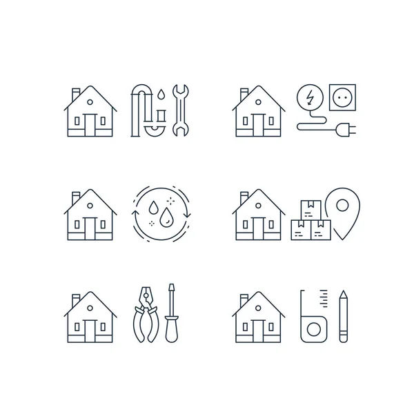 Plumbing repair, p-trap clog, electricity service, home cleaning, moving house, box delivery, home maintenance, vector stroke icon — Stock Vector