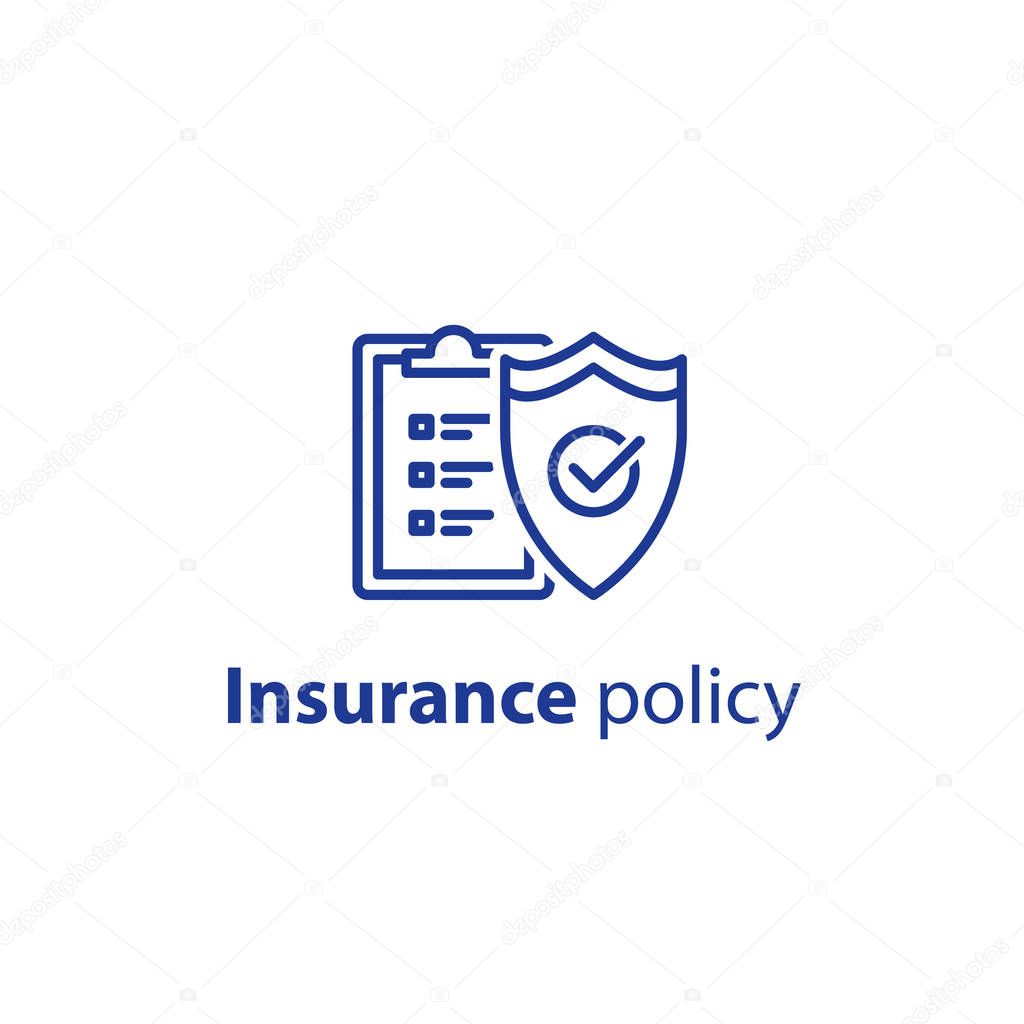 Insurance services, check board and shield, vector stroke icon