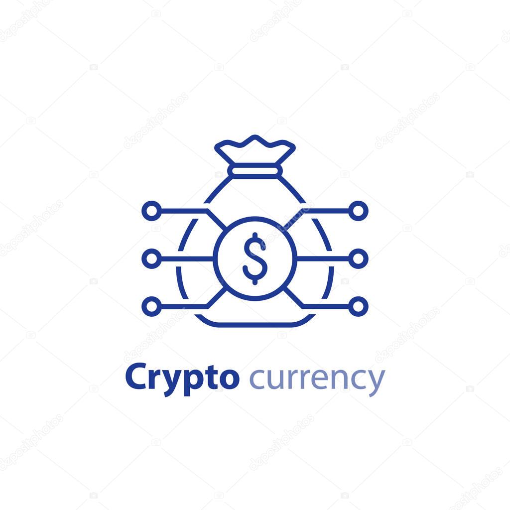 Crypto currency concept, block chain, money bag, financial item, investment portfolio, innovation technology, business start up, invest fund, vector line icon