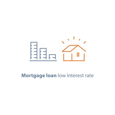 Mortgage peşinat, ev kredisi, düşük faiz oranı, azalan madeni para yığını, satırı simgesi