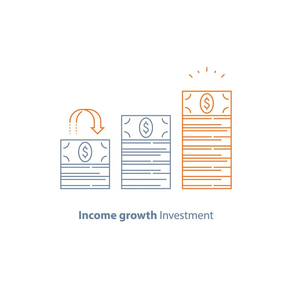 Stratégie financière, augmentation des revenus, retour sur investissement, levée de fonds, accroissement à long terme, croissance des revenus, marché boursier — Image vectorielle