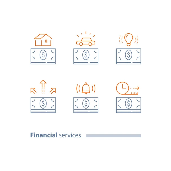 分期付款概念, 按揭贷款, 汽车信贷, 货币捆绑, 首付, 时间段, 轮廓图标 — 图库矢量图片