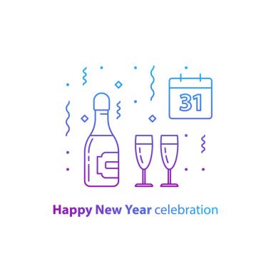 Şişe şampanya ve iki bardak, sayı 31, yeni yıl kutlama, gece parti, takvim simge vektör