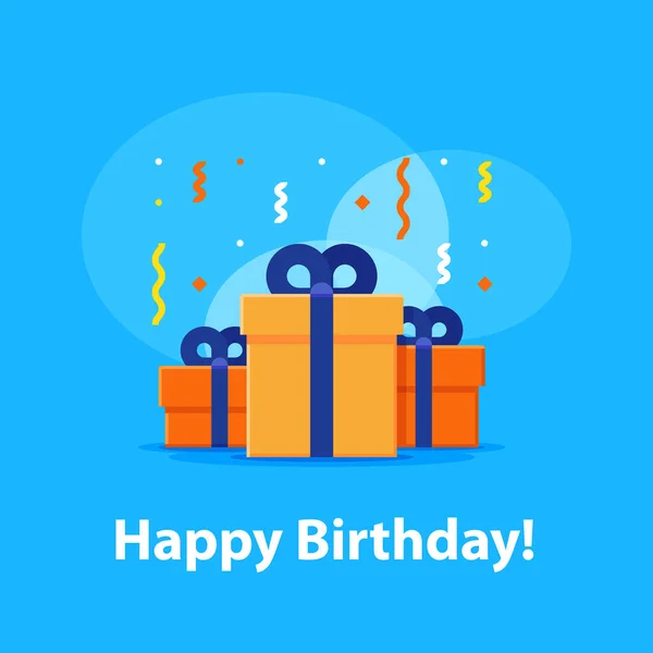 Celebración del aniversario, felicitaciones de cumpleaños feliz, grupo de tres cajas de regalo sorpresa, confeti que cae, ilustración del vector — Vector de stock