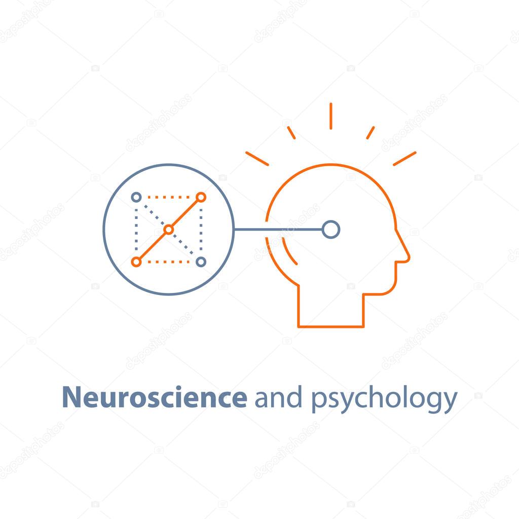 Decision making logo, logic game, neurology and psychology, critical mindset, creative design thinking, solving riddle, memory mental connection pattern, brain training task, vector line icon