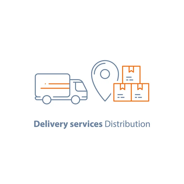 物流公司, 送货卡车, 移动服务, 快递, 接收包裹盒, 矢量线图标 — 图库矢量图片