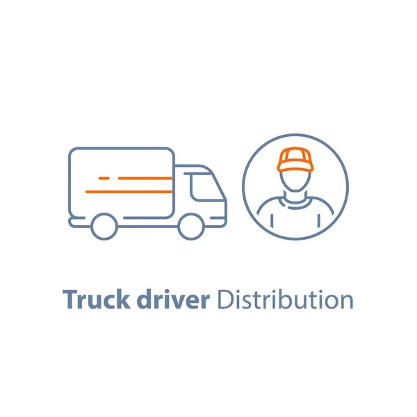 Corriere, veicolo di trasporto, ruck driver, persona di consegna, servizio di distribuzione, società di logistica, icona vettoriale — Vettoriale Stock