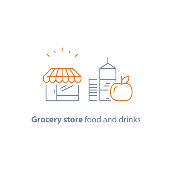 Almacene el pedido de alimentos y bebidas, promoción oferta especial de comestibles, lista de verificación y portapapeles icono de línea de vectores — Vector de stock