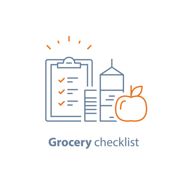 Förvara mat och dryck order, livsmedelsbutiker Specialerbjudande främjande, checklista och Urklipp vektor linje-ikonen — Stock vektor