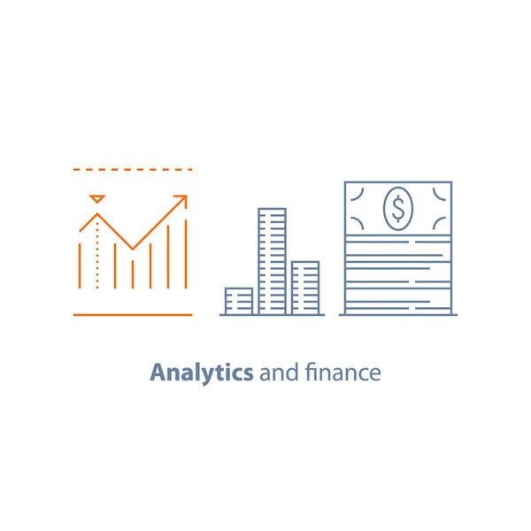 Financiële prestaties analytics, inkomen verhogen, lange termijn investeringen, vermogensbeheer, dividenden grafiek, productiviteit verslag — Stockvector