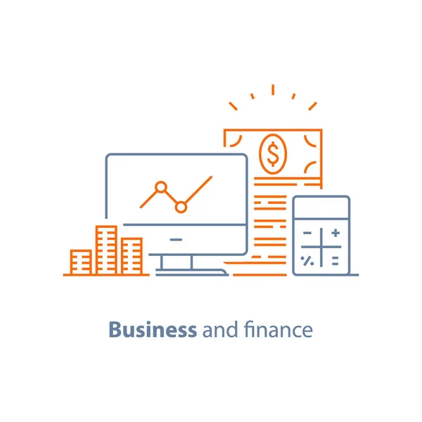 Pénzügyi teljesítmény-elemző, bevételek növelése, hosszú távú befektetési alapkezelő, osztalék grafikon, termelékenységi jelentés — Stock Vector