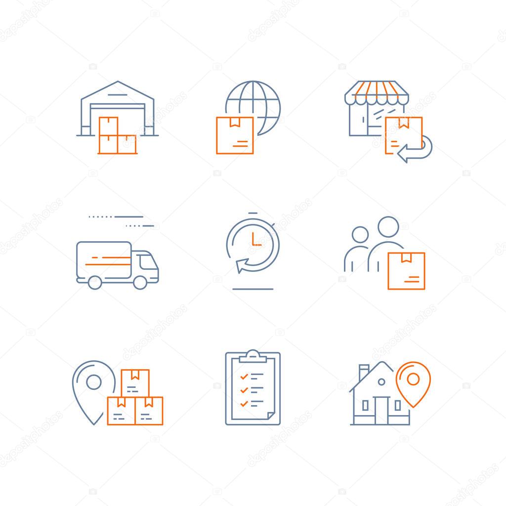 Supply chain distribution warehouse, fast delivery truck, global shipping service, shop order return back, logistics company, send parcel, receive box, pick up point, time period line icon thin stroke