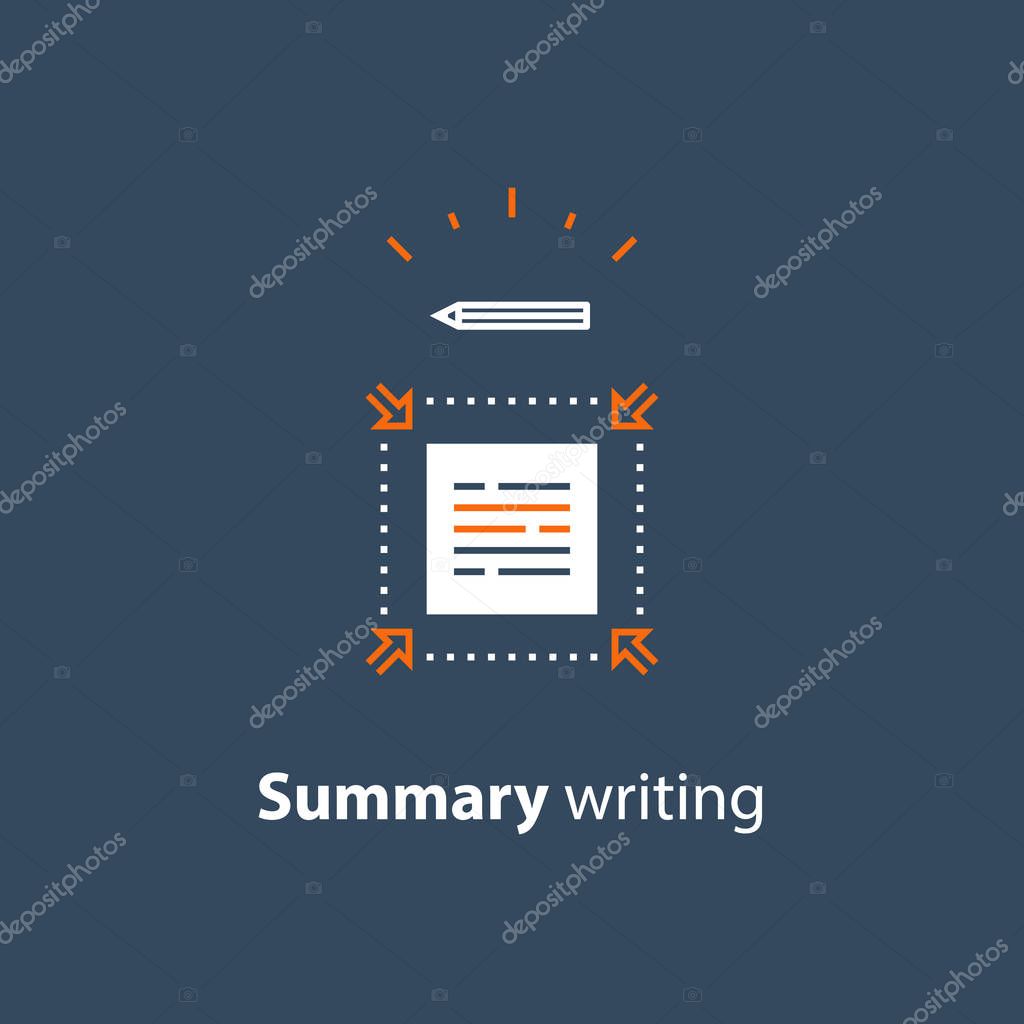 Summary writing concept, brief information, text edit, content review, article compilation, short and fast reading, copywriting services, vector line icon, thin stroke