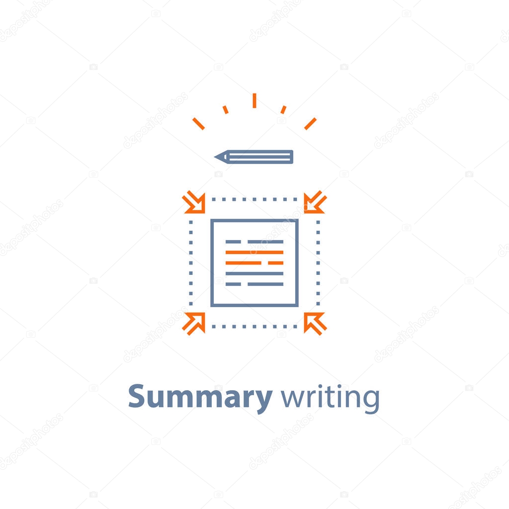 Summary writing concept, brief information, text edit, content review, article compilation, short and fast reading, copywriting services, vector line icon, thin stroke