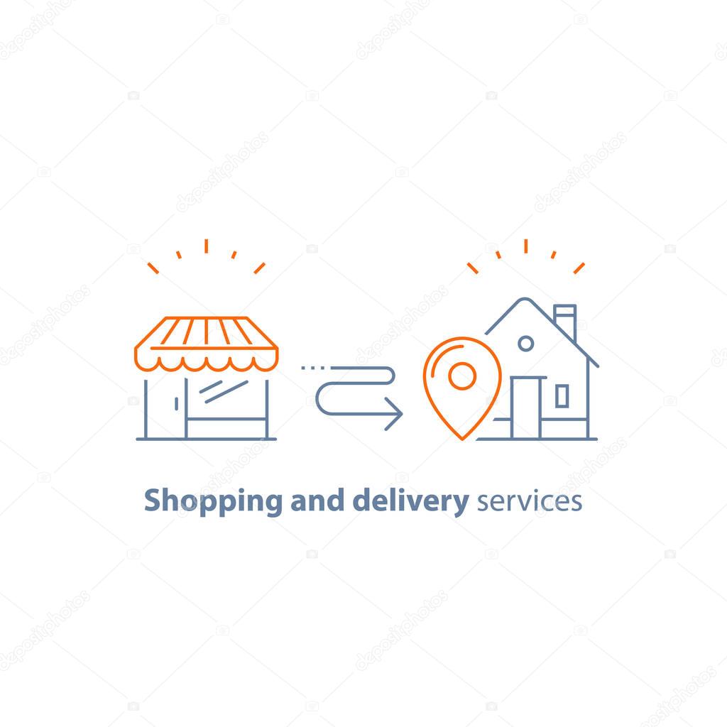 Shopping order delivery to home, distribution service concept, retail business, store vector line icon, thin stroke