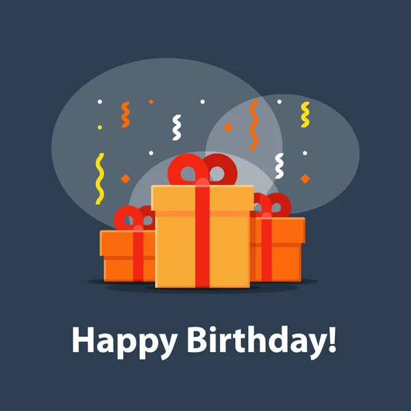 Celebración del aniversario, felicitaciones de cumpleaños feliz, grupo de tres cajas de regalo sorpresa, confeti que cae, ilustración del vector — Vector de stock