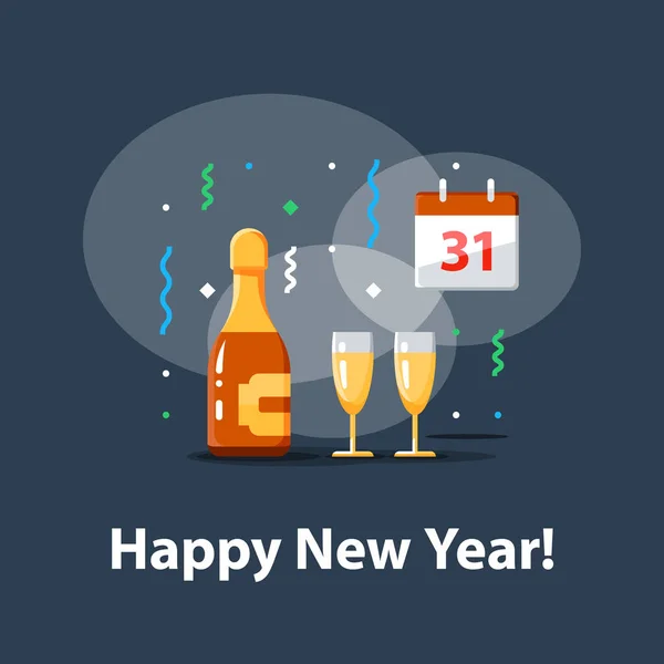 シャンパンのボトルと 2 杯、数 31、新年祝賀会、夜のパーティー カレンダー ベクトル イラスト — ストックベクタ