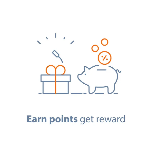 Loyalty program, earn points and get reward, marketing concept, piggy bank with coins and small gift box — Stock Vector