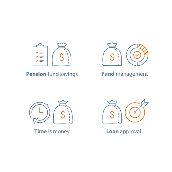 Loan approval, accountancy service, pension savings, mutual fund management, long term investment, financial strategy, finance solution — Stock Vector