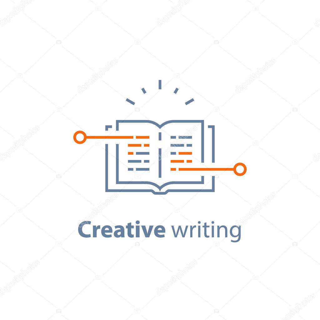 Creative writing, open book, storytelling concept, text book, exam preparation, learn grammar, read brief summary, assignment, vector line icon, thin stroke illustration