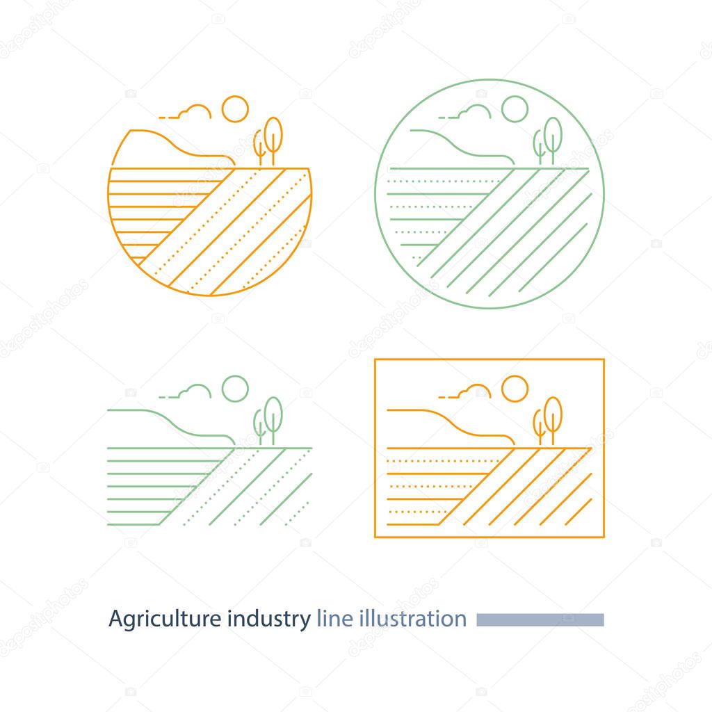 Agriculture field line icon, countryside landscape, furrow, vector thin stroke illustration