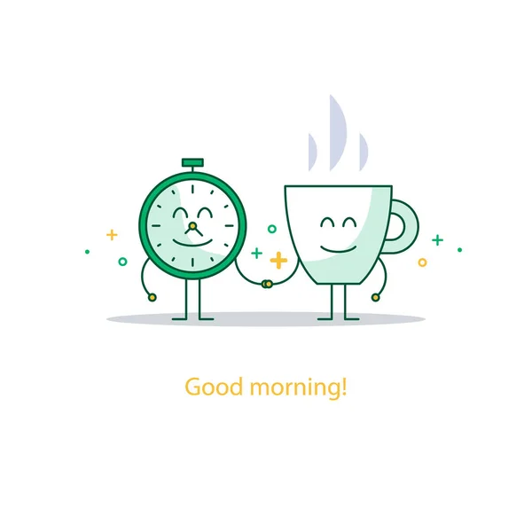 Guten Morgen, neuer glücklicher Tag, heißer Tee, Frühstücksgetränk — Stockvektor