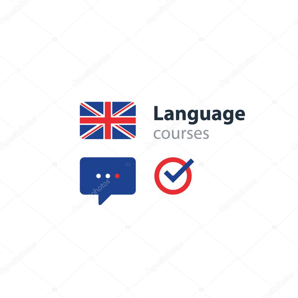 British english language class concept icon set and flag logo, language exchange program, forum and international communication sign. Flat design vector illustration
