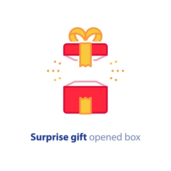 Supergeschenk, tolles Geschenk, überraschend geöffnete Schachtel, alles Gute zum Geburtstag, Werbepaket — Stockvektor