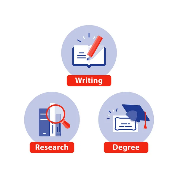 Університетське дослідження, дослідження та письмо, випускний капелюх, концепція ступеня, набір плоских піктограм — стоковий вектор