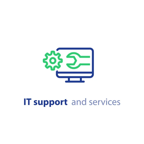 Actualización de la computadora, actualización del sistema, instalación de software, servicios de reparación, icono de línea de soporte de TI — Vector de stock