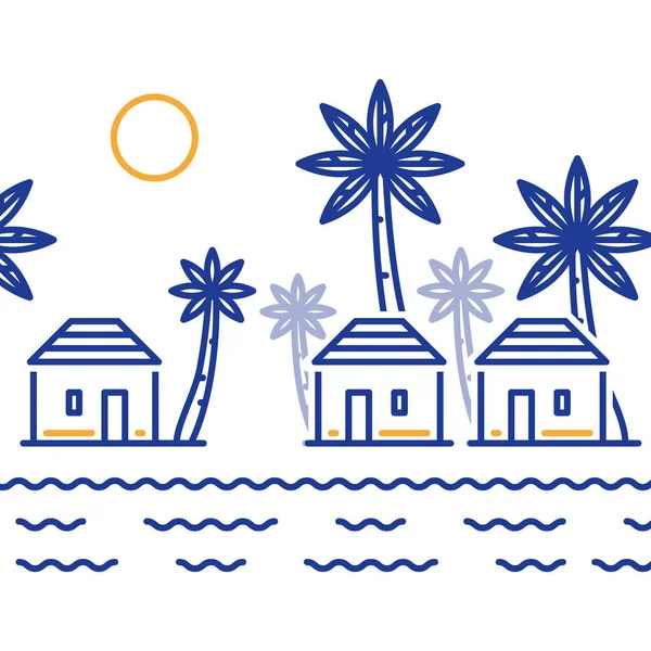 Liten by bland palmer, tre bungalows av flod eller sjö — Stock vektor