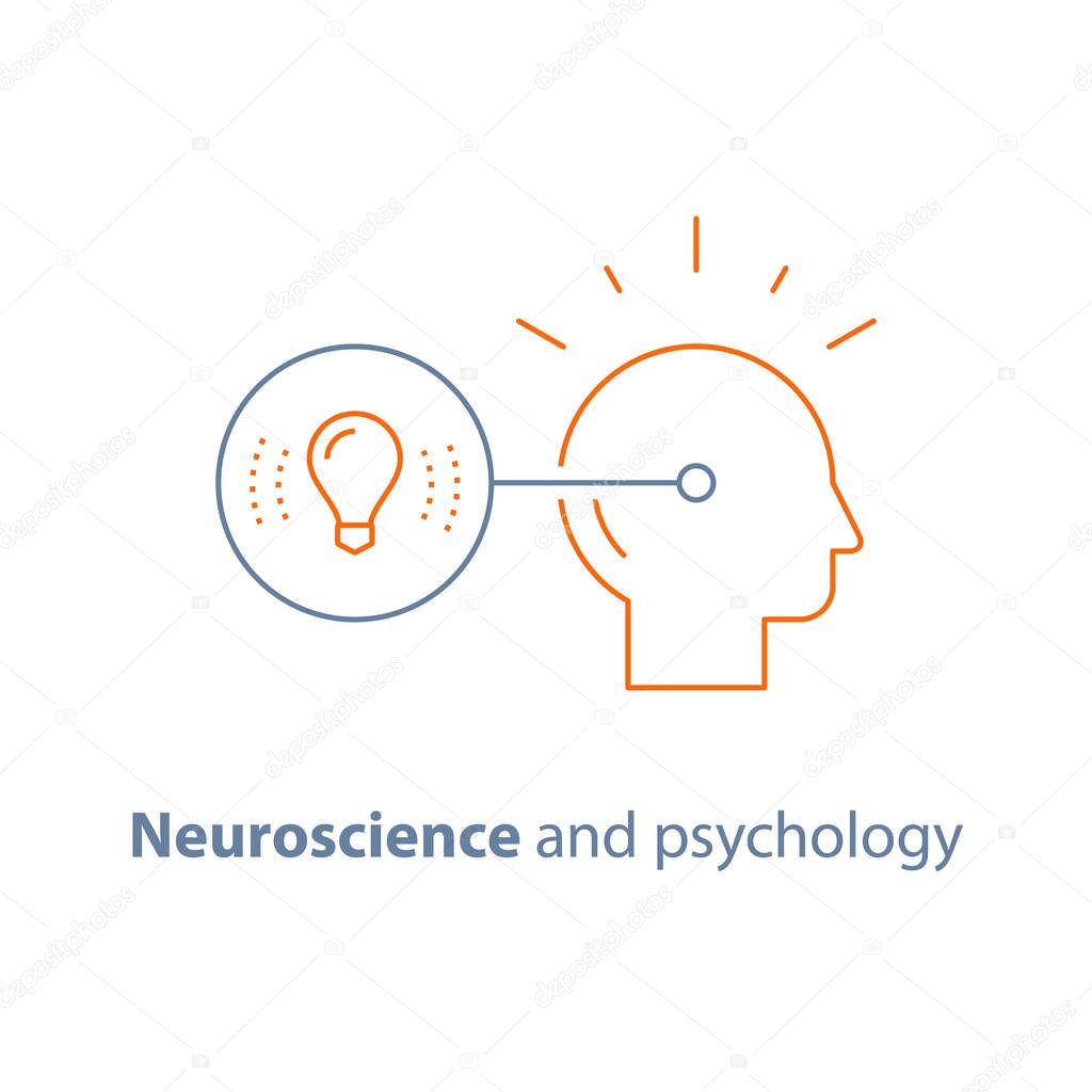 Creative thinking, imagination, concept idea, neuroscience and psychology, smart solution, vector line icon, thin stroke