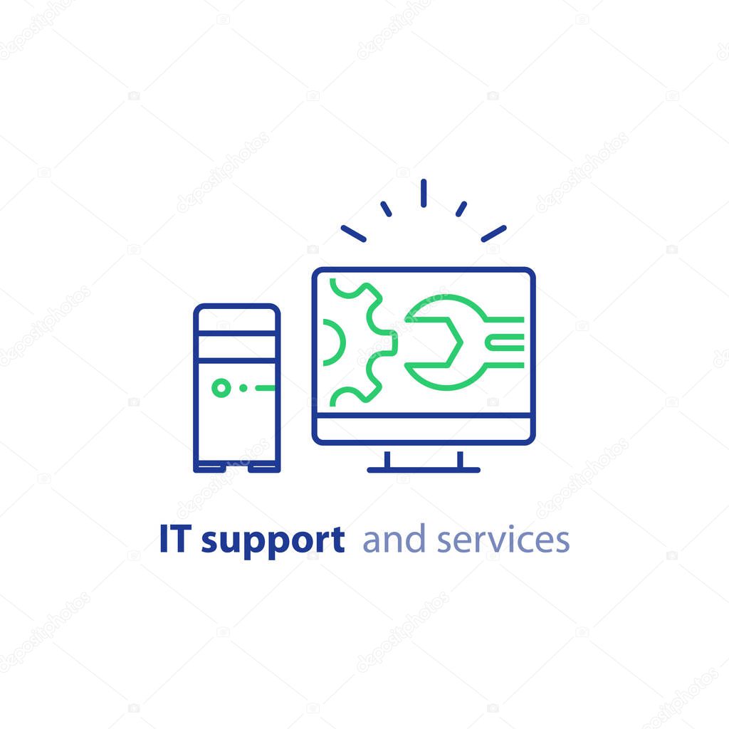 Computer repair services, IT support concept, software development, system administration, desktop upgrade and update, program installation, vector line icon