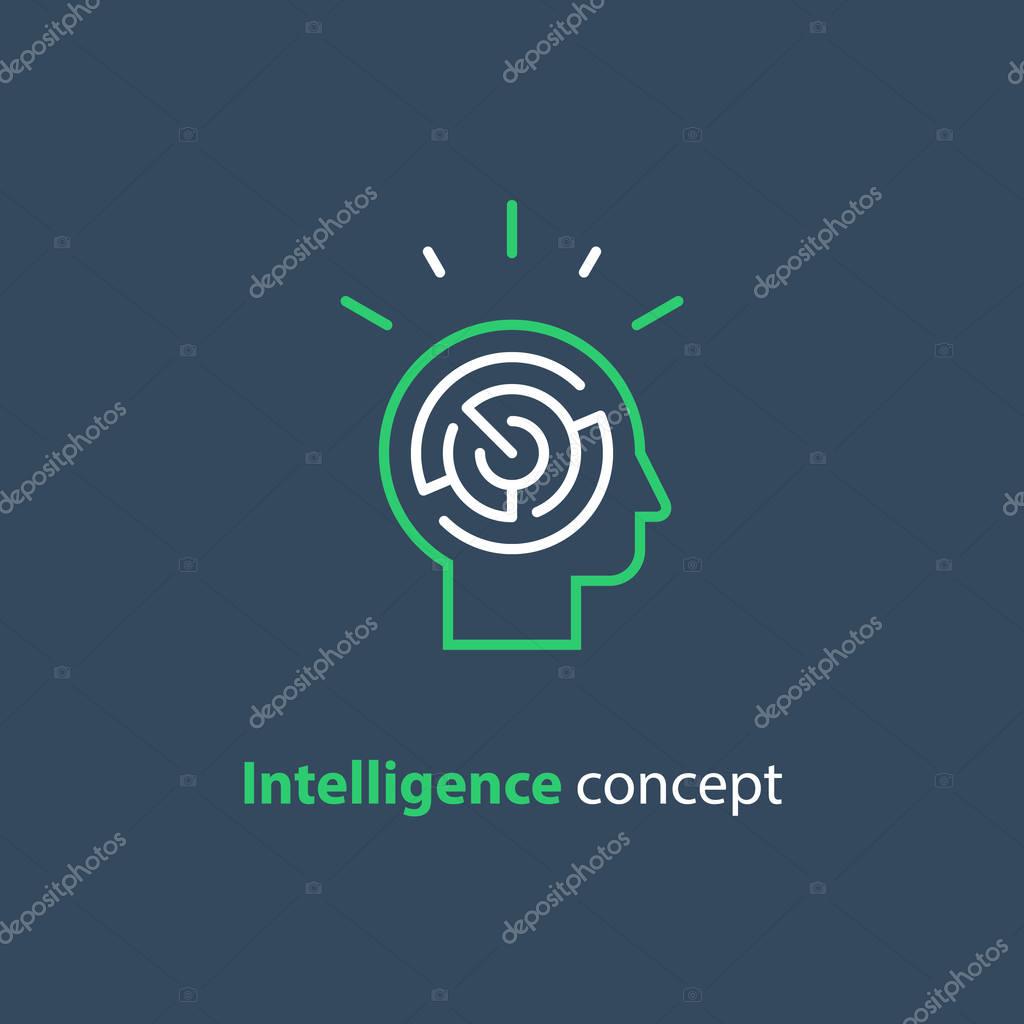 Logic games concept, creative thinking, head maze line icon, mind labyrinth, mental work, strategic thinking, psychology vector logo