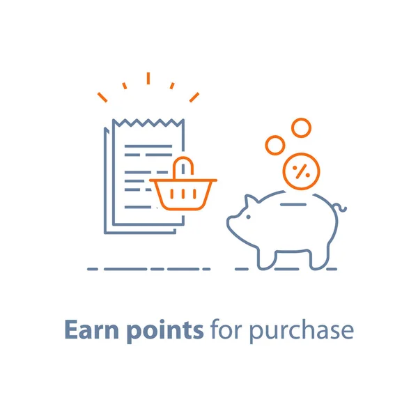 Loyalty program, earn points and get reward, marketing concept, piggy bank with coins and till slip with shopping basket — Stock Vector