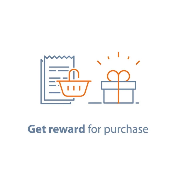 Loyaliteitsprogramma, verdien punten en beloning, marketingconcept, kleine gift box te krijgen en tot slip met winkelmandje — Stockvector